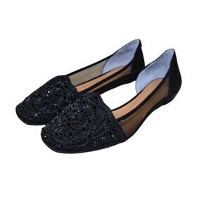 J. Renee Pariella Black Beaded Flats Size 8 Sheer Square Toe Slip On